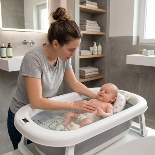 Bañera bebé plegable ESENCIAL con termómetro + cojín reductor, gris | Detalle Uso