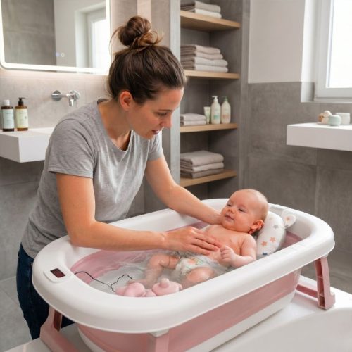 Bañera bebé plegable ESENCIAL con termómetro + cojín reductor, rosa | Detalle Uso