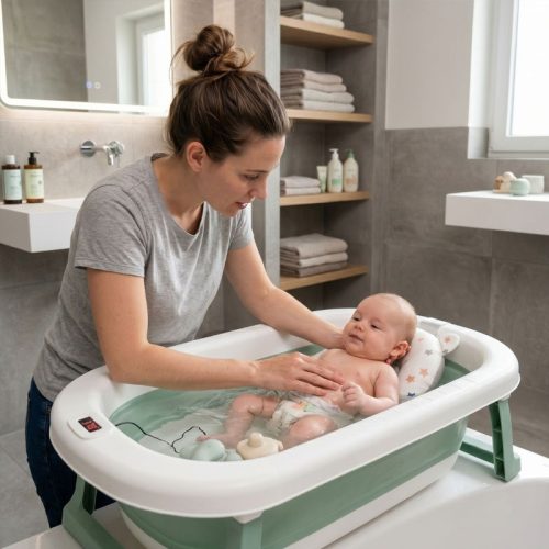 Bañera bebé plegable ESENCIAL con termómetro + cojín reductor, verde | Detalle Uso