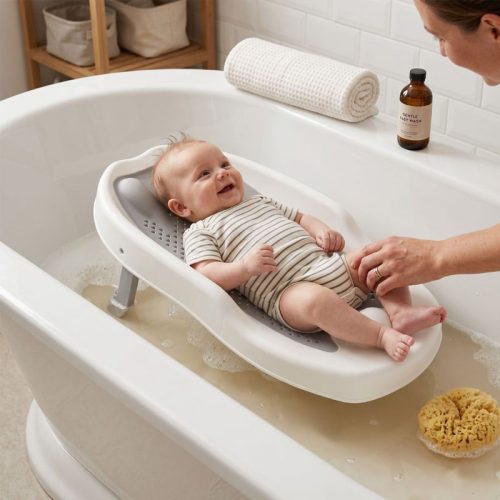 Hamaca de baño ergonómica, gris | Detalle Uso Bebé