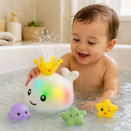 Juguete de baño ballena tira agua con luces led | Detalle Uso en Bañera con bebé