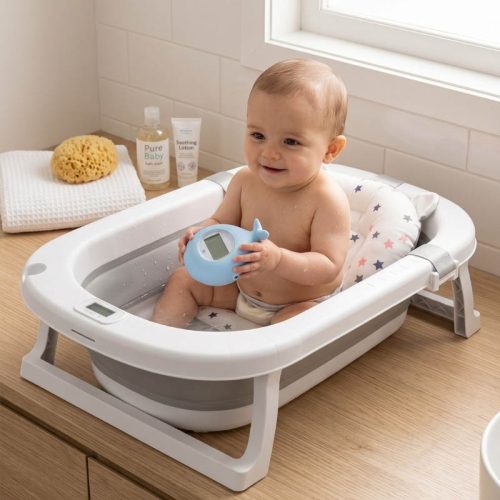 Termómetro de baño digital para bañera bebé, Ballena | Detalle Uso en Bañera Bebé