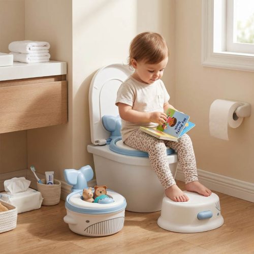 Orinal infantil 3 en 1 modelo ballena con escalón adaptador y orinal | Detalle Uso Reductor de WC