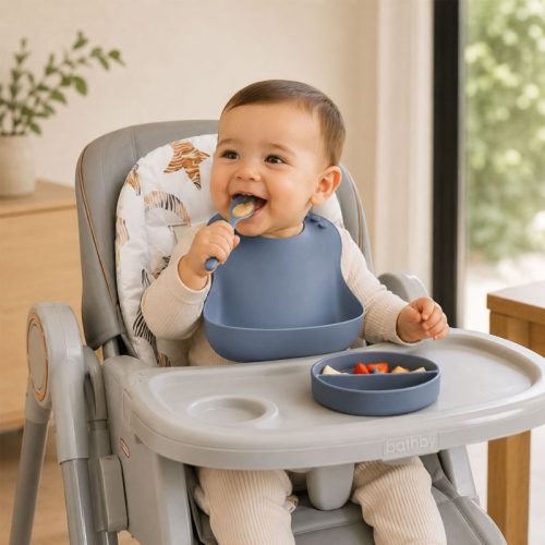 Pack de 3 baberos de silicona para bebé, colores verde, beige y azul | Detalle Uso