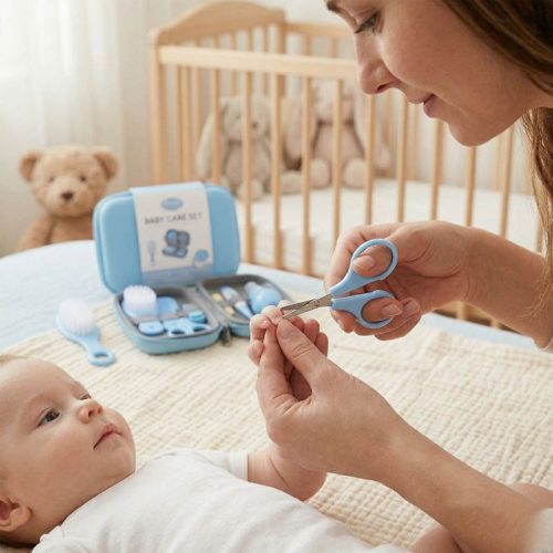 Kit de manicura, higiene y cuidado para el bebé, azul | Detalle Uso Tijeras