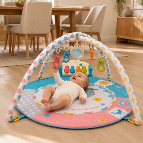 Gimnasio para bebe con piano musical y manta de actividades | Detalle Uso Bebé