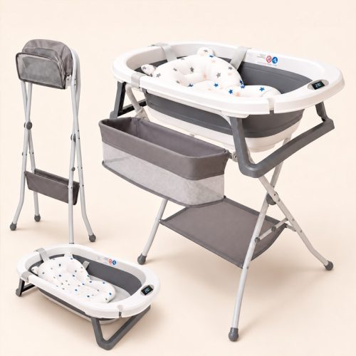 Bañera bebé plegable LUJO con soporte + cesta almacenaje, gris | Detalle Principal
