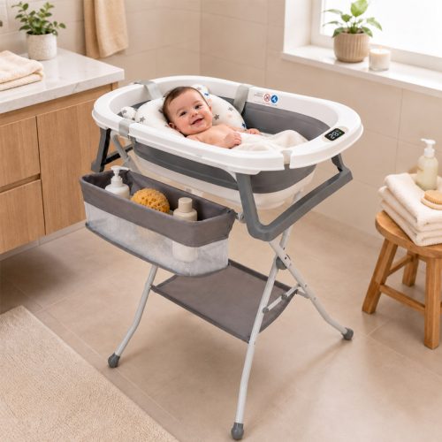 Bañera bebé plegable LUJO con soporte + cesta almacenaje, gris | Detalle Principal
