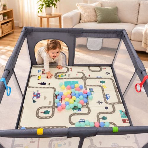 Parque Infantil para Bebés con Alfombra Reversible y Juegos | Detalle Uso Bebé